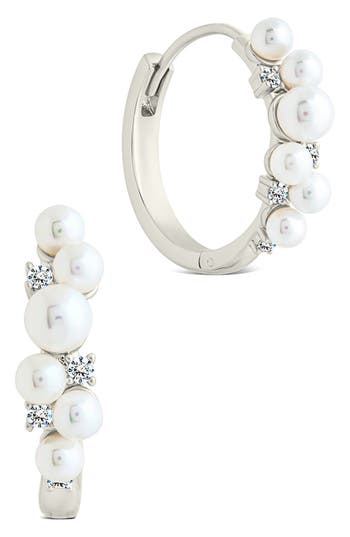Sterling Forever Belwyn Staggered Faux Pearl & Crystal Hoop Earrings In Multi