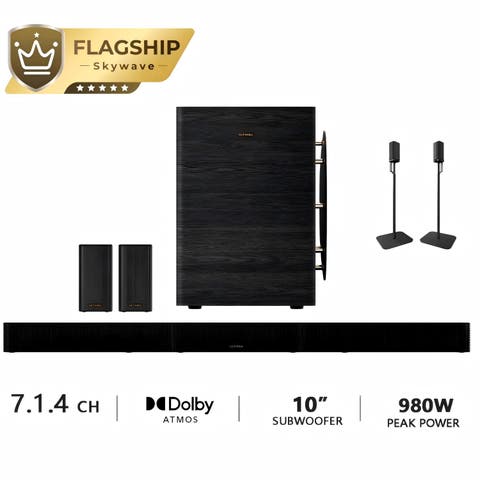 skywave series 7.1.4ch Dolby Atmos wireless surround sound system with 10" subwoofer and 2 surround speakers