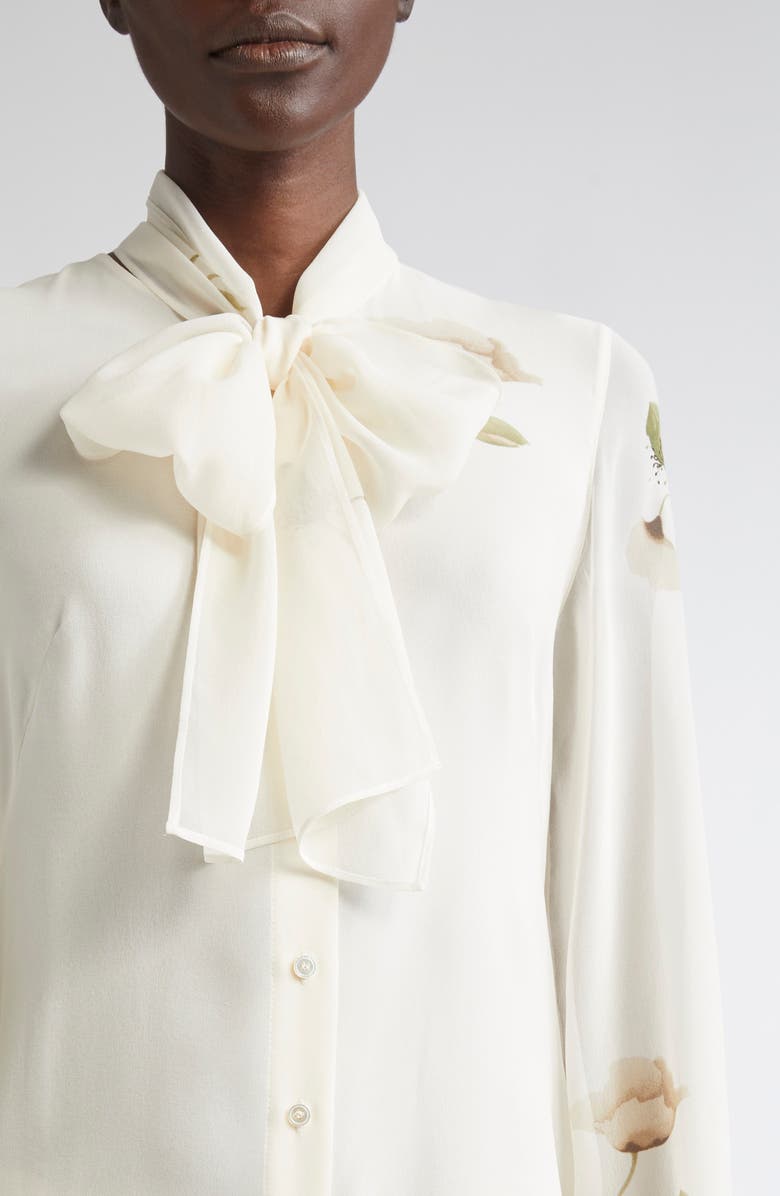 Akris Anemone Print Silk Georgette Tie Neck Shirt, Alternate, color, Greige-Ecru