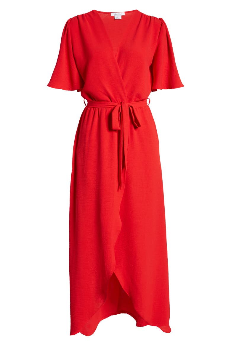 Flutter Sleeve Faux Wrap Maxi Dress, Alternate, color, TOMATO
