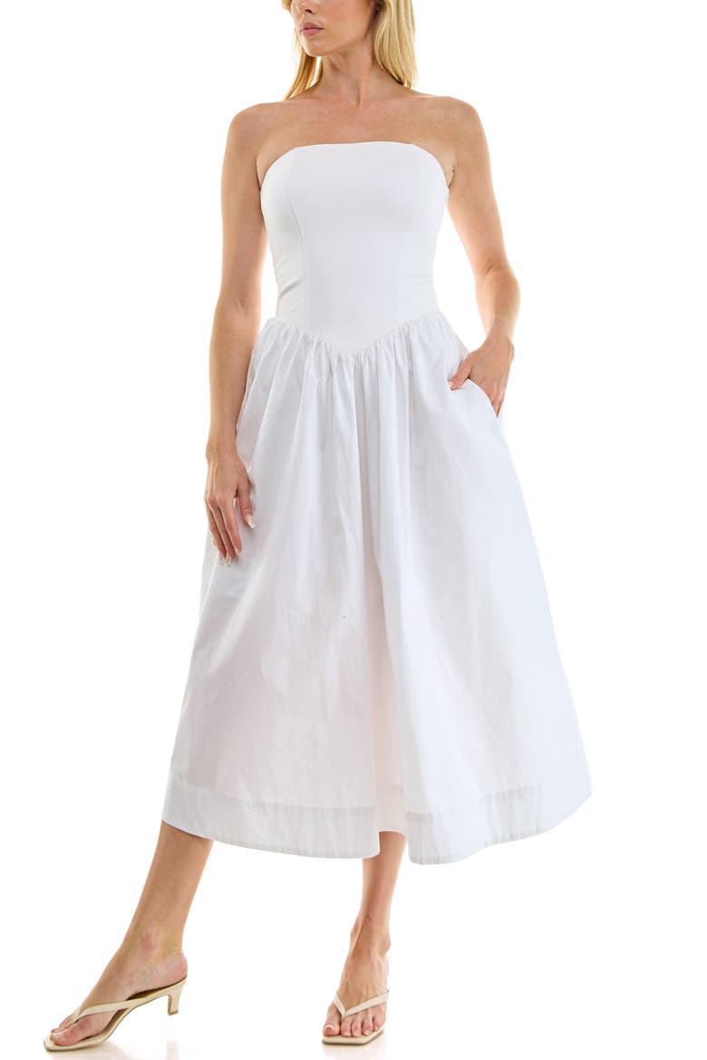 Mixed Media Strapless Midi Dress, Main, color, WHITE