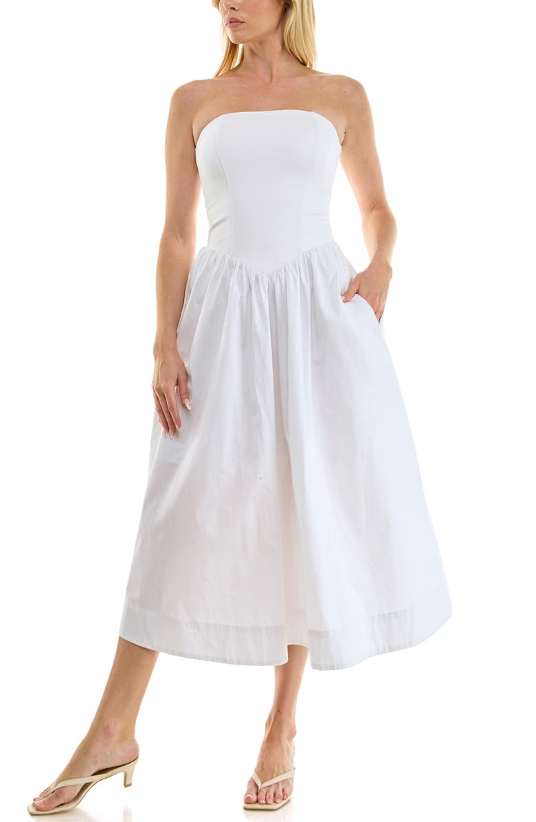 Socialite Mixed Media Strapless Midi Dress, Main, color, White