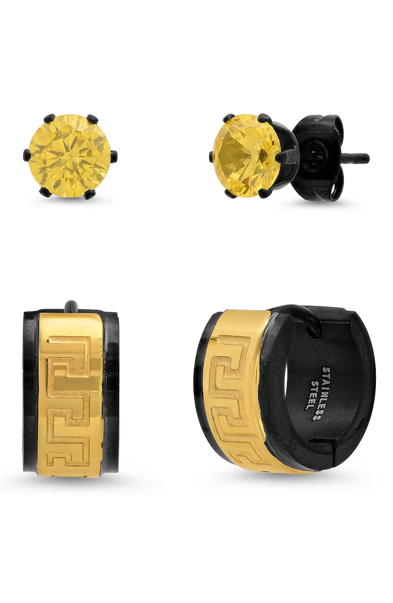 Men's Two Tone Cubic Zirconia & Greek Key Stud & Hoop Earring Set