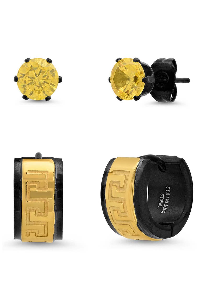 Men's Two Tone Cubic Zirconia & Greek Key Stud & Hoop Earring Set, Main, color, GOLD