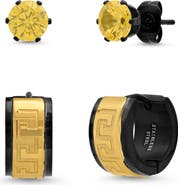 STEELTIME Men's Two Tone Cubic Zirconia & Greek Key Stud & Hoop Earring Set
