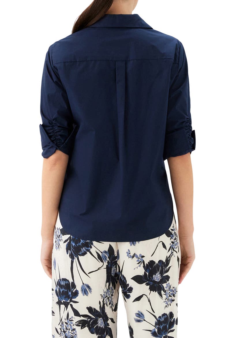 Ruched Sleeve Cotton Button-Up Shirt, Alternate, color, NAVY