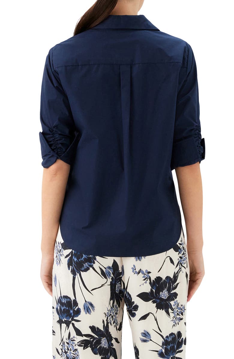 Karen Kane Ruched Sleeve Cotton Button-Up Shirt, Alternate, color, Navy