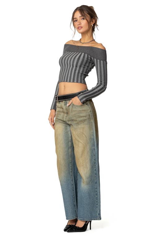 Edikted Daren Off The Shoulder Ribbed Crop Sweater In Dark-gray