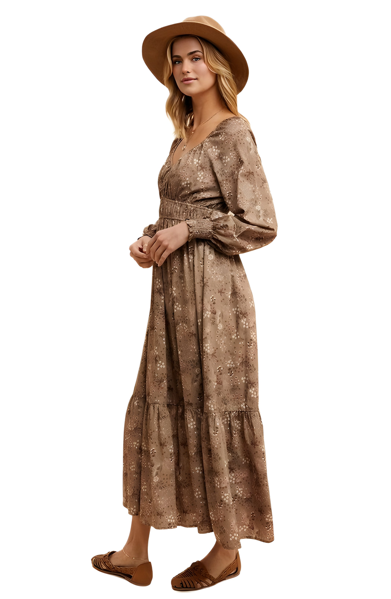 Knit and Lounge Long Sleeve Floral Print Ruffle Tiered Midi Dress with Empire Waist, Alternate, color, 