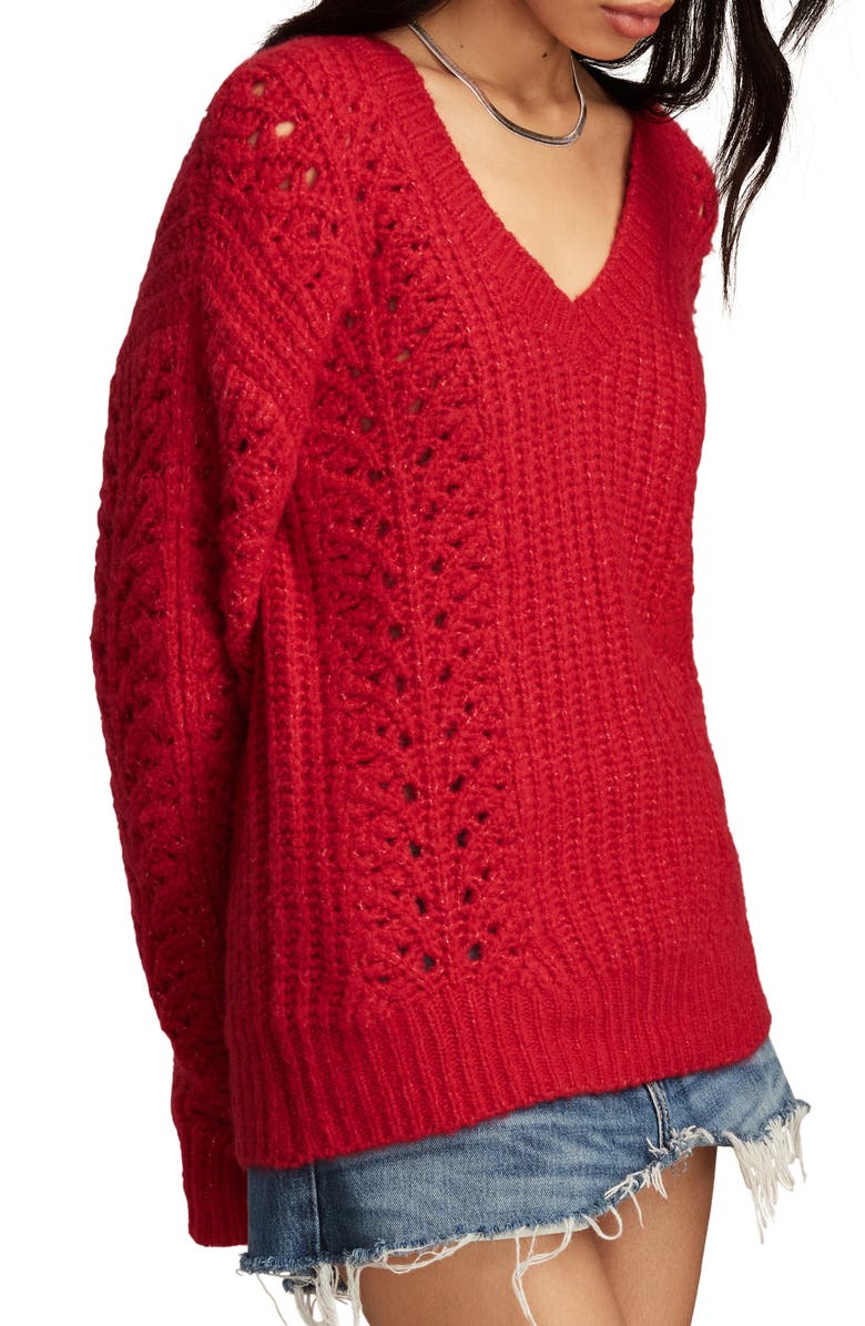 Lucky Brand Pointelle V-Neck Sweater, Alternate, color, Jester Red