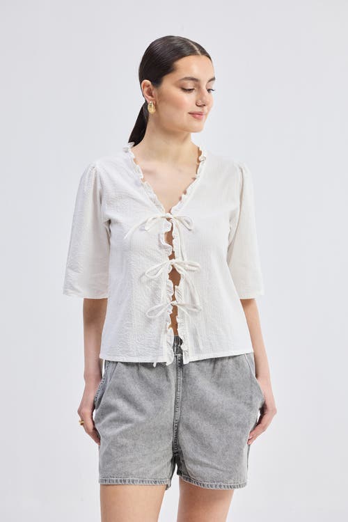 Reistor Relaxed Fit Top With Ruffles And Front-ties In Striped Horizon