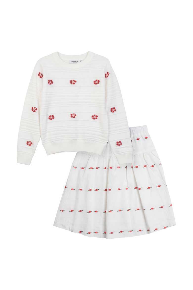Floral Jacquard Sweater and Elastic Waist Skirt Two Piece Set, Main, color, White/Red