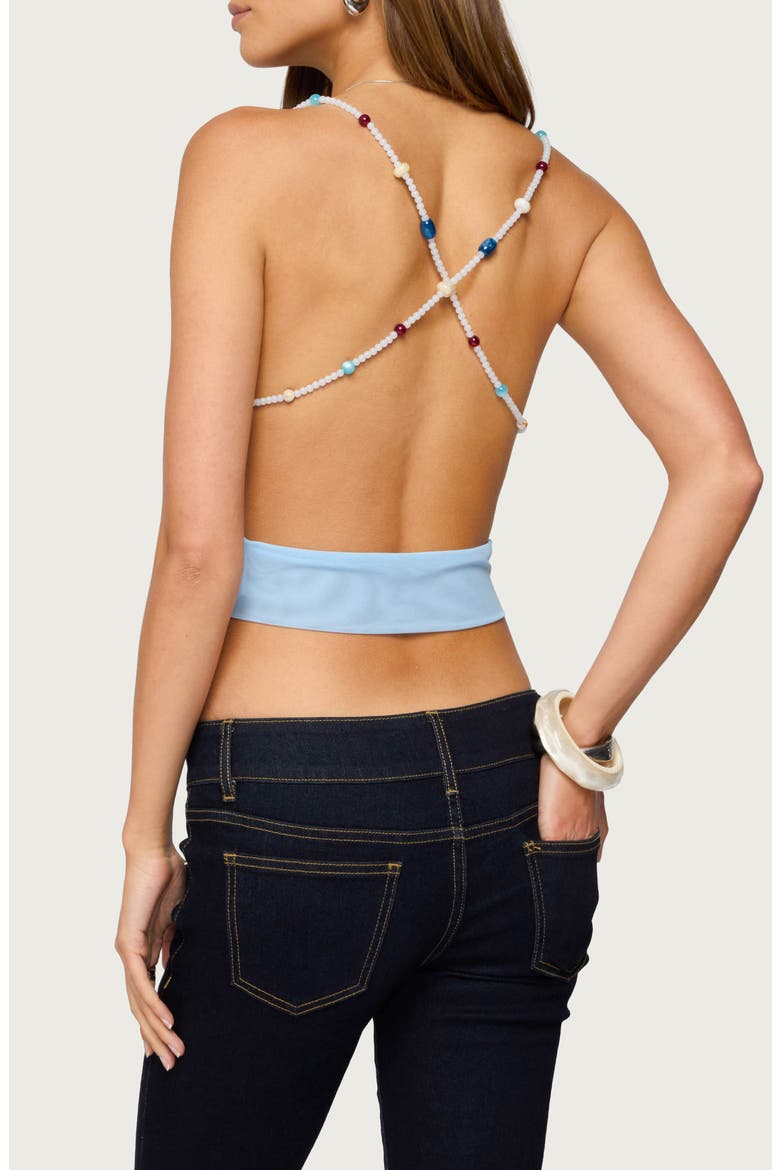 Beaded Cowl Neck Backless Crop Top, Alternate, color, LIGHT-BLUE