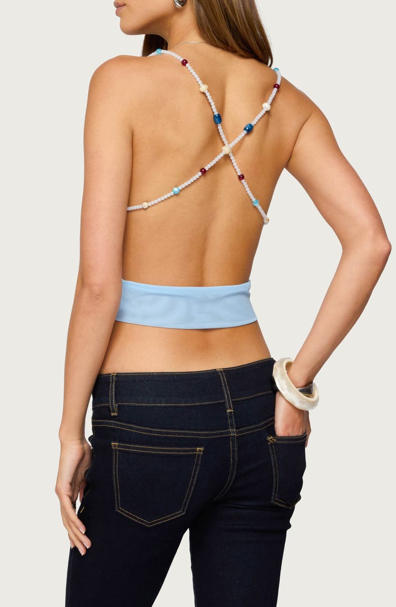 EDIKTED Beaded Cowl Neck Backless Crop Top, Alternate, color, Light-Blue