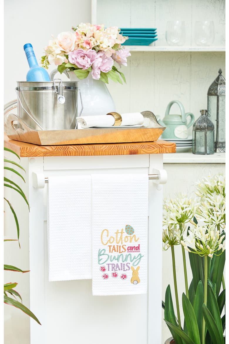 "Cotton Tails & Bunny Trails" Easter Rabbit Embroidered Cotton Waffle Weave Kitchen Dishtowel, Alternate, color, White