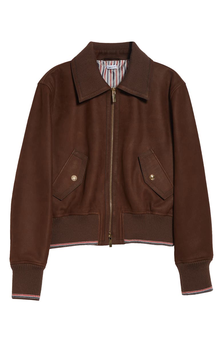 Thom Browne Crop Leather Flight Jacket, Main, color, Tiramisu