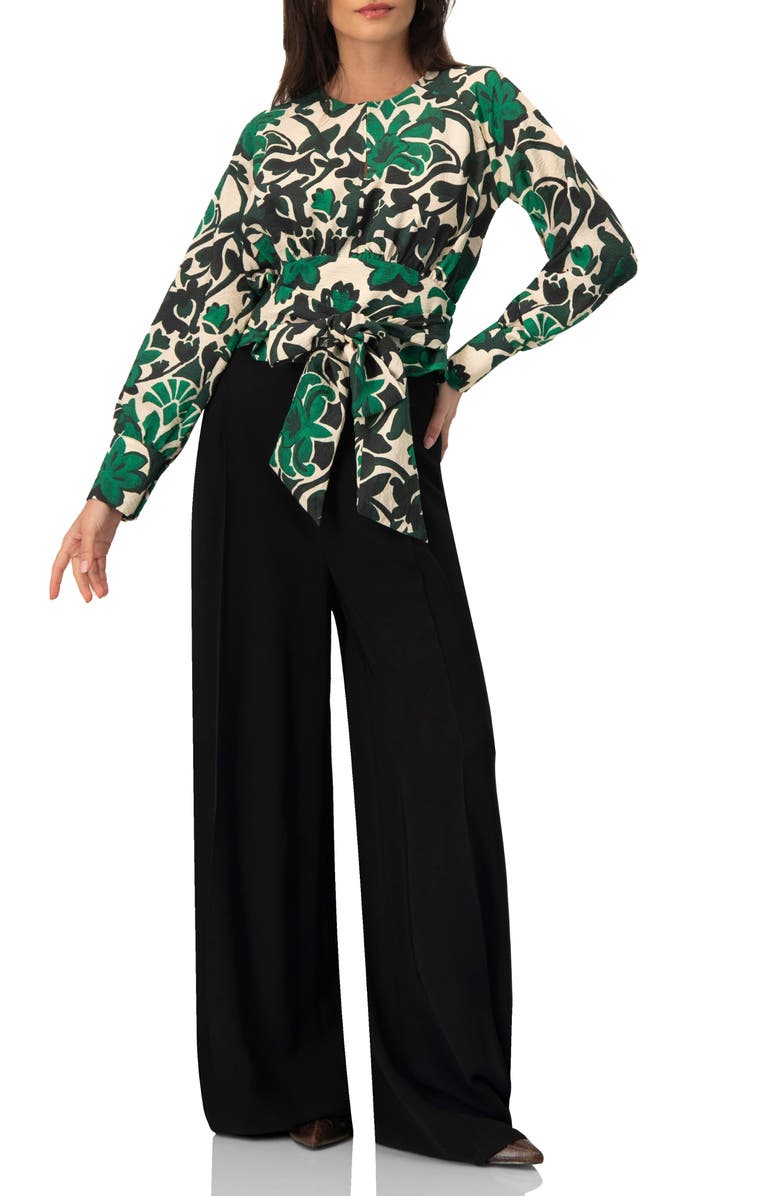 IVONNE Floral Print Blouse with Waist Tie and Keyhole Neckline, Alternate, color, Green