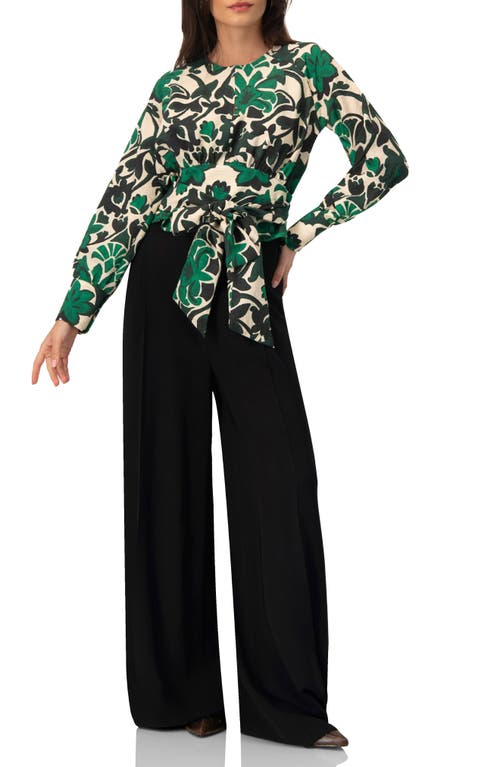 Ivonne Floral Print Blouse With Waist Tie And Keyhole Neckline In Green