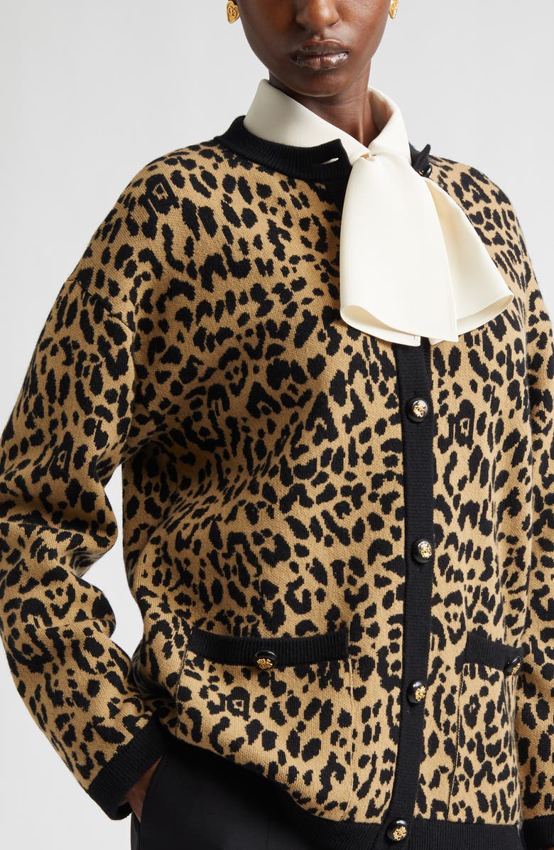 Valentino Leopard Jacquard Wool Cardigan, Alternate, color, Leopard