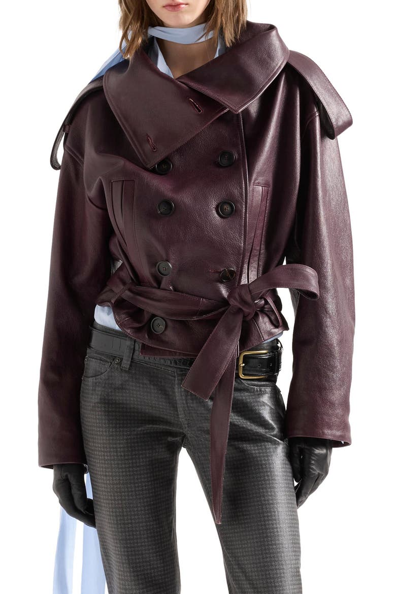 Double Breasted High Neck Leather Jacket, Main, color, LEATHER BURGUNDY