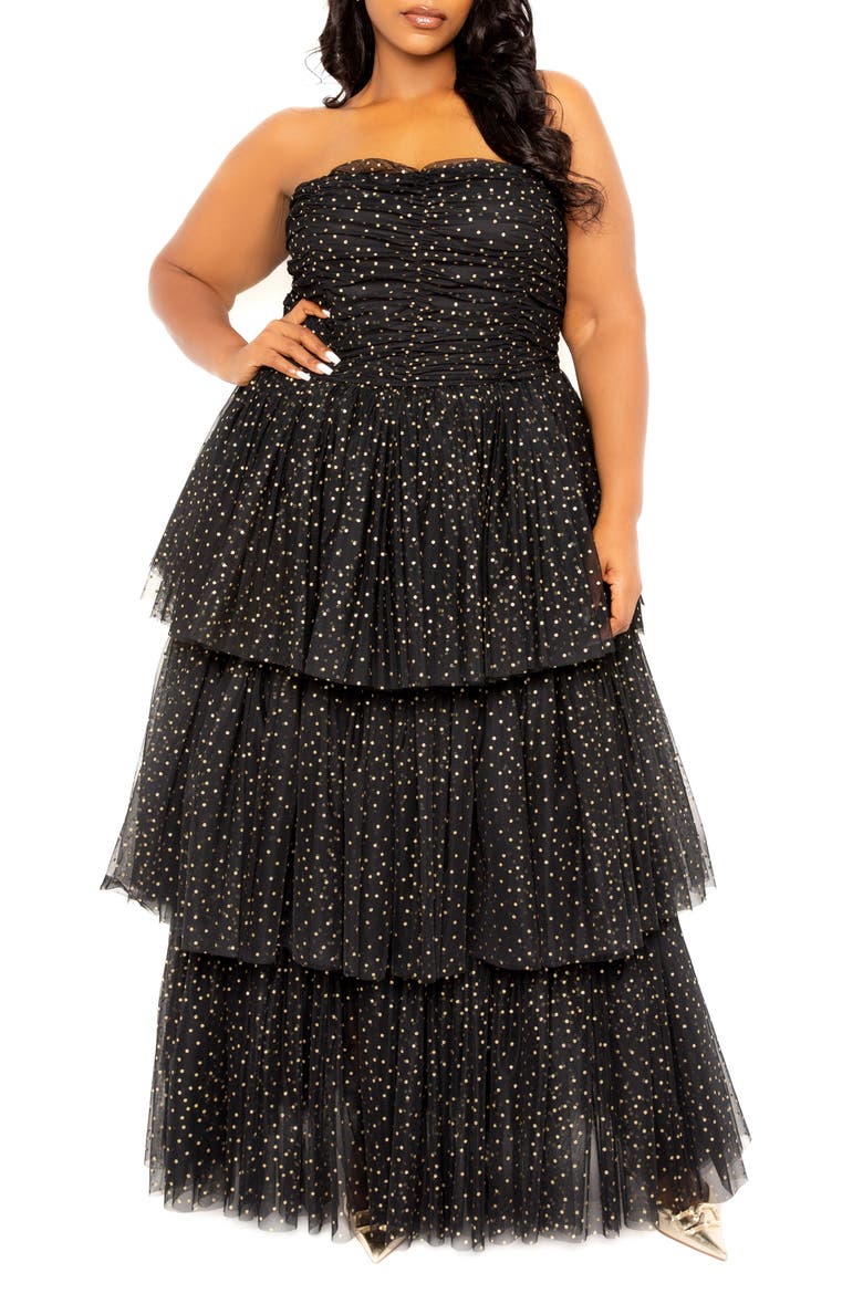 Metallic Polka Dot Strapless Tiered Tulle Dress, Alternate, color, BLACK