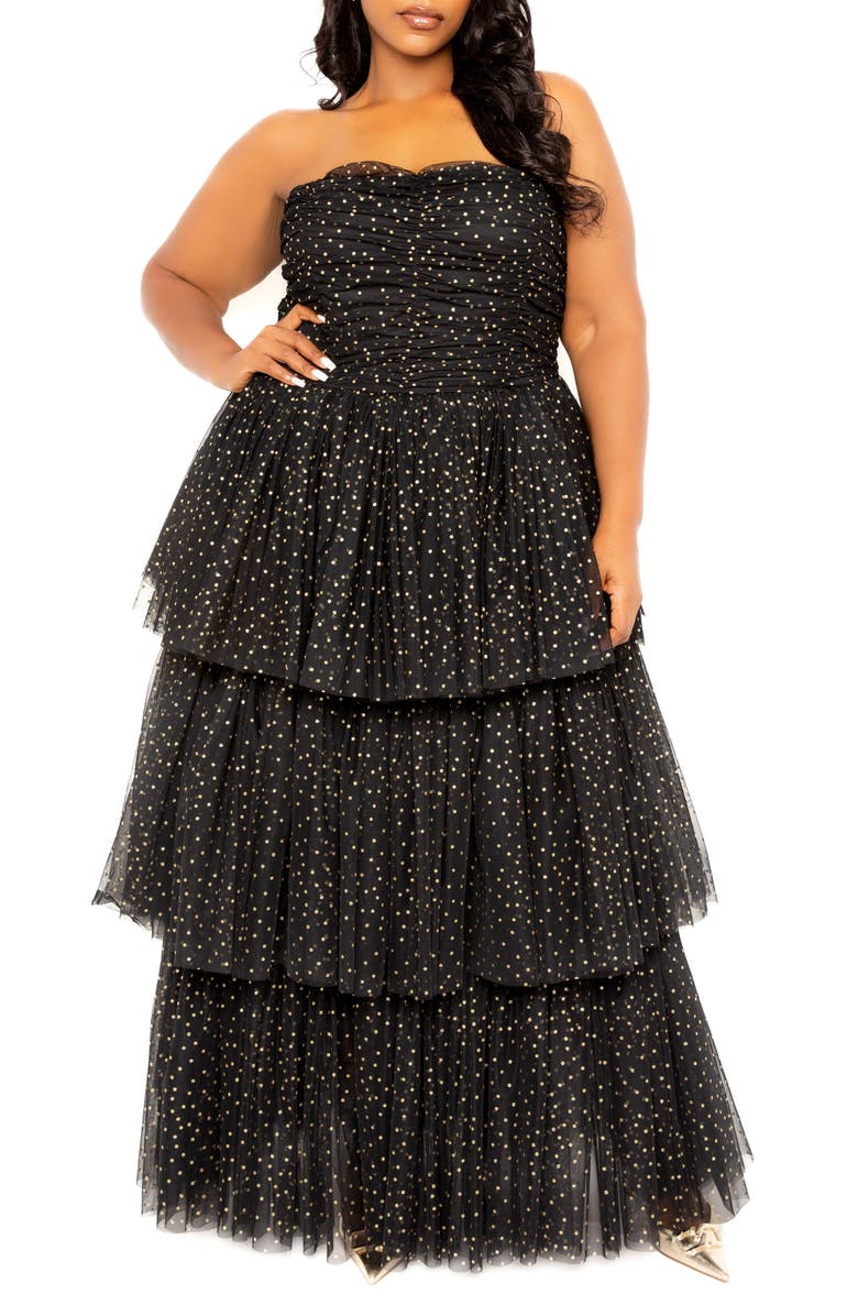 BUXOM COUTURE Metallic Polka Dot Strapless Tiered Tulle Dress, Alternate, color, Black