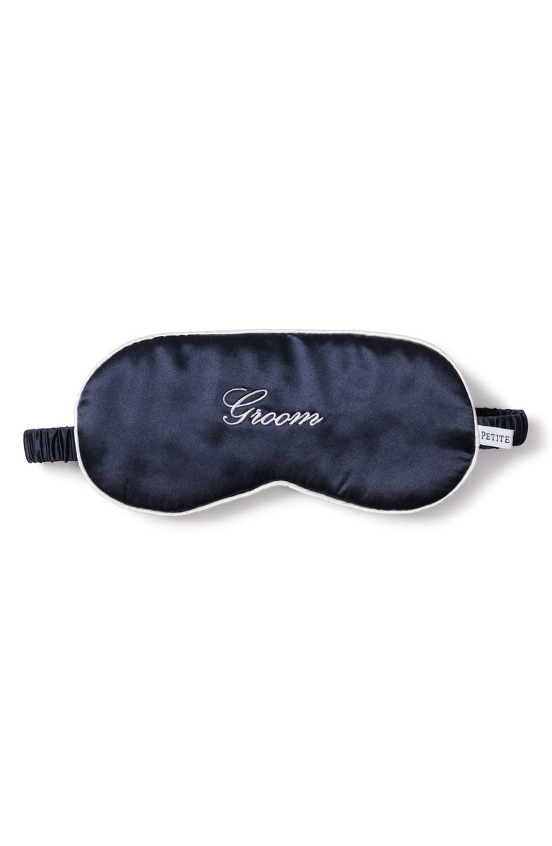 Petite Plume Groom Embroidered Silk Sleep Mask, Main, color, Navy