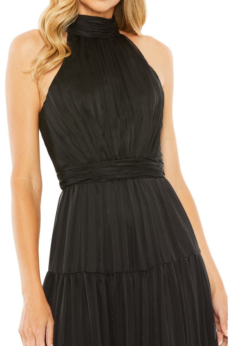 Pleated Bodice Tiered Tie Neck Halter Gown, Alternate, color, BLACK