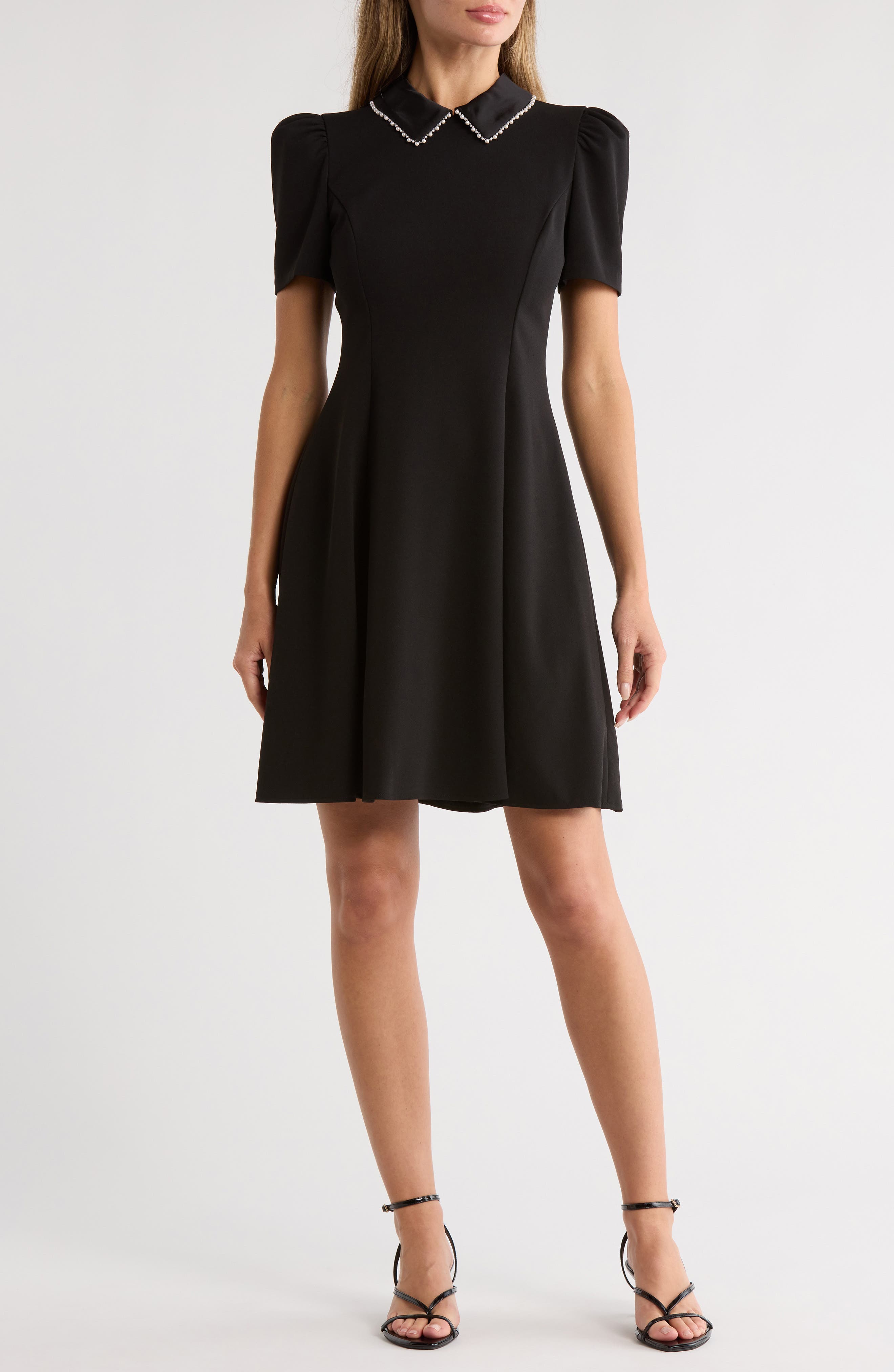 KARL LAGERFELD PARIS Faux Pearl Embellished Collar A-Line Dress