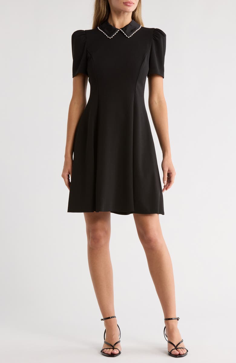 KARL LAGERFELD PARIS Faux Pearl Embellished Collar A-Line Dress, Main, color, 