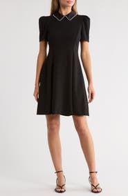 KARL LAGERFELD PARIS Faux Pearl Embellished Collar A-Line Dress