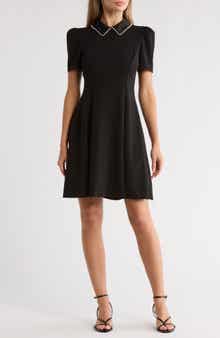KARL LAGERFELD PARIS Faux Pearl Embellished Collar A-Line Dress