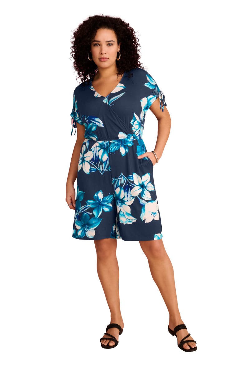 Plus Size Stretch Knit Faux Wrap Sleeve Romper, Main, color, NAVY TROPICAL FLOWERS