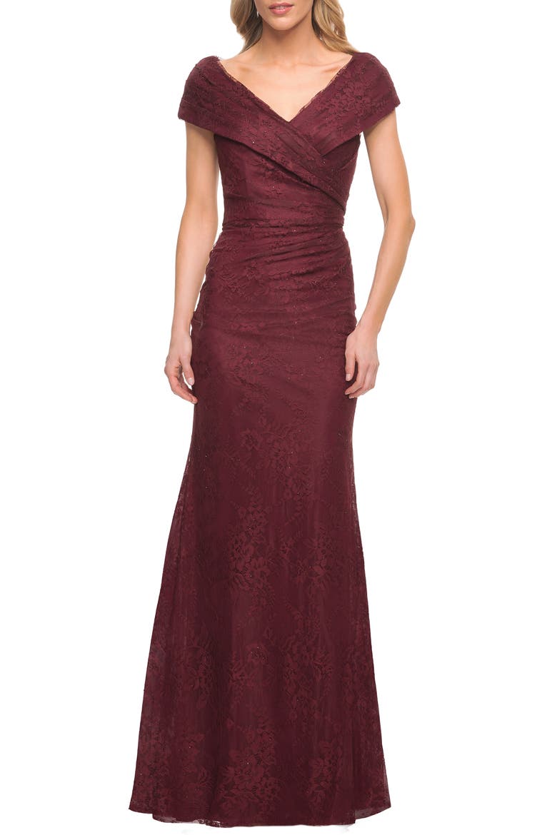 Lace Off The Shoulder Cap Sleeve Evening Dress, Main, color, Burgundy