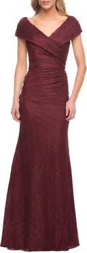 La Femme Lace Off The Shoulder Cap Sleeve Evening Dress