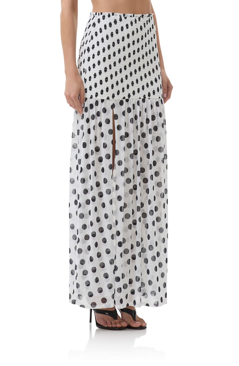AFRM Quincy Print Smocked Mesh Maxi Skirt, Alternate, color, Blancdot