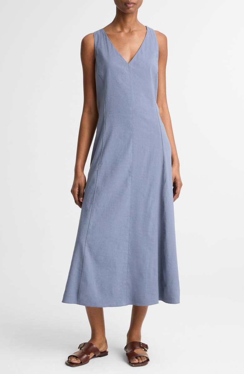 Vince Tie Back Sleeveless Linen Blend Maxi Dress, Main, color, Azul