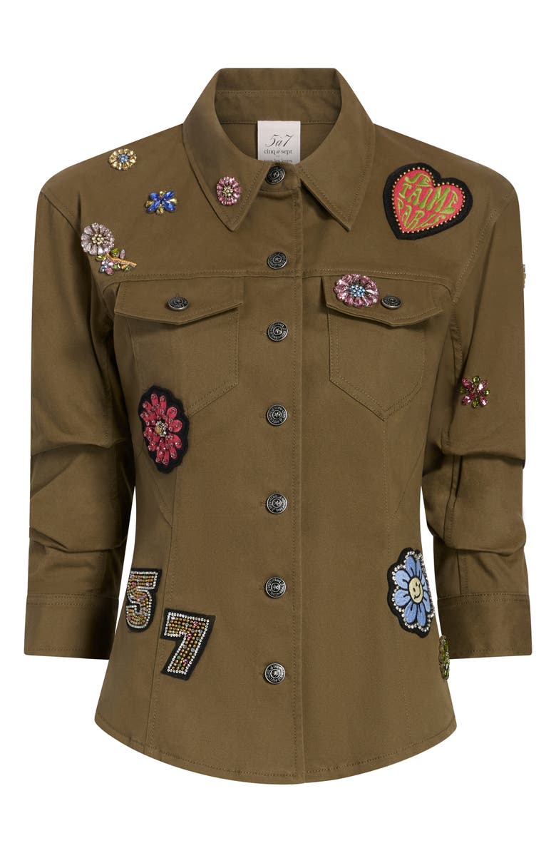 Cinq à Sept Retro Love Patches Canyon Jacket, Alternate, color, Dark Olive Multi