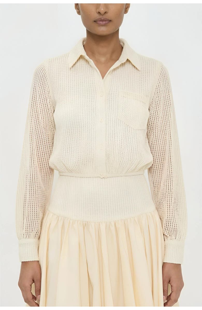 Elexiay Kemi  Ivory Crochet Open Knit Collared Top, Main, color, Oatmilk