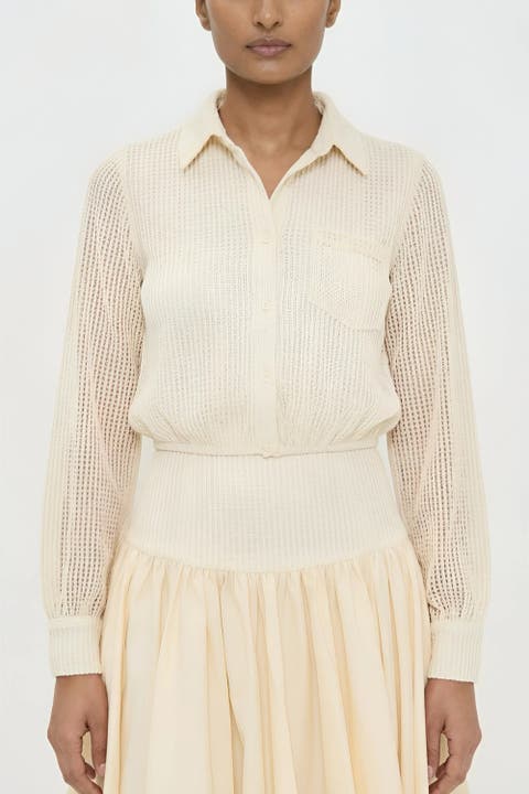 Kemi  Ivory Crochet Open Knit Collared Top