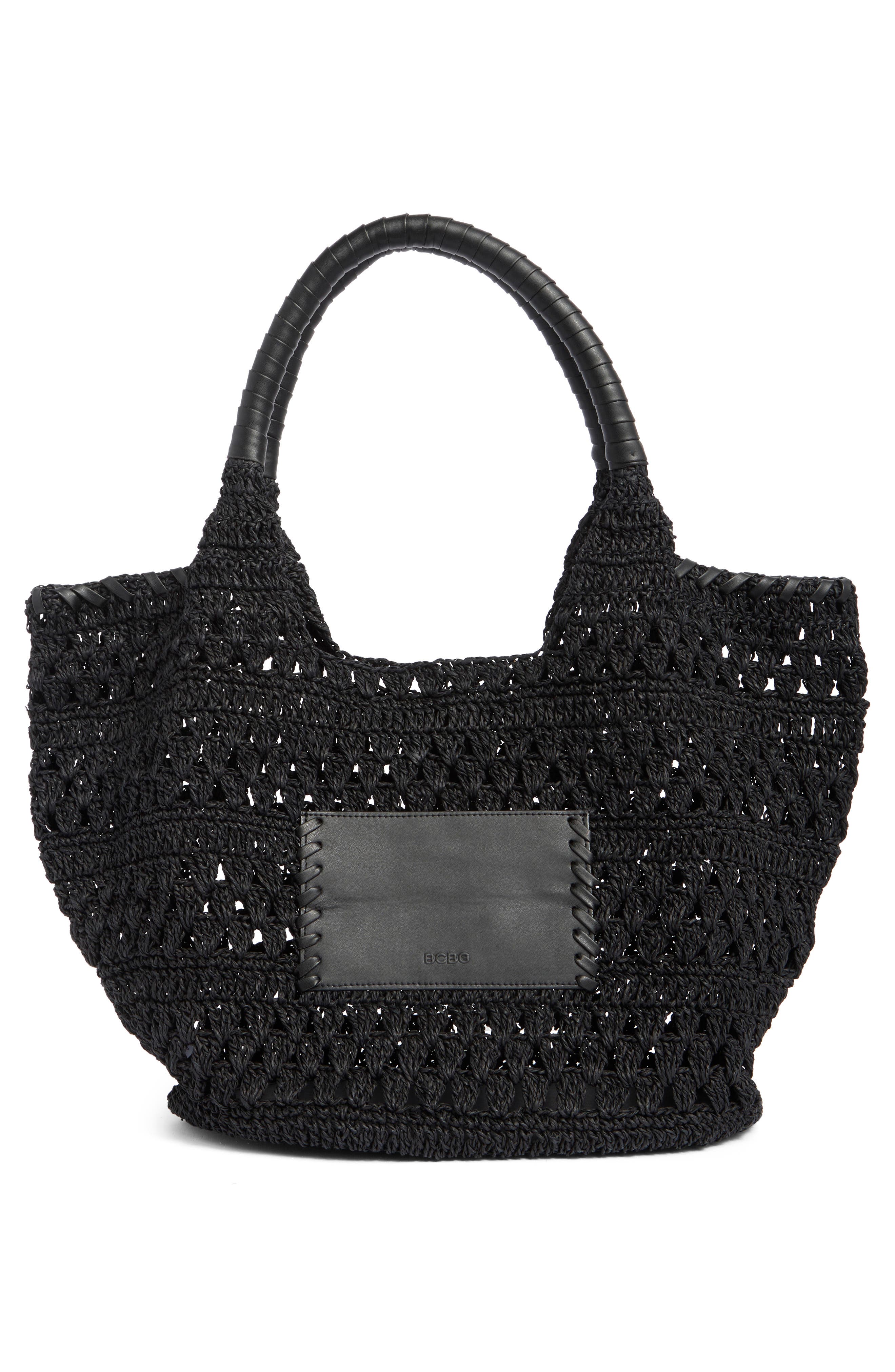 BCBG Woven Raffia Tote Bag, Alternate, color, Black