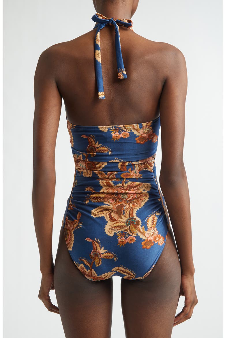 Aster Wide Link One-Piece Halter Swimsuit, Alternate, color, NAVY JACOBEAN