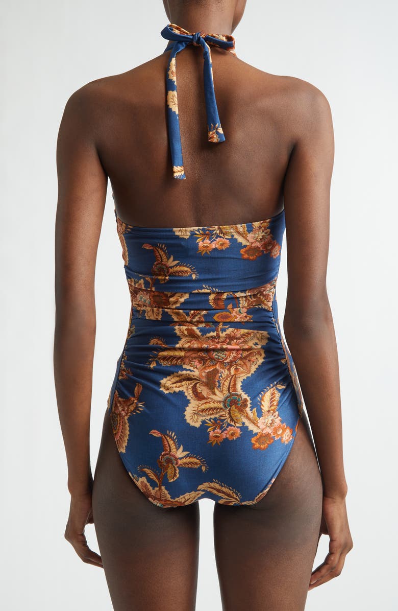 Zimmermann Aster Wide Link One-Piece Halter Swimsuit, Alternate, color, Navy Jacobean