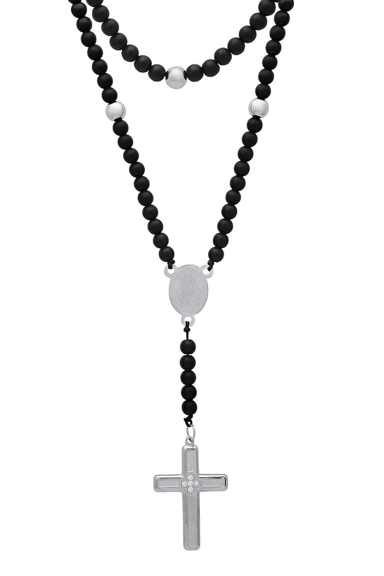 Men's Black Lava Beaded Rosary Necklace, Alternate, color, SILVER/ BLACK