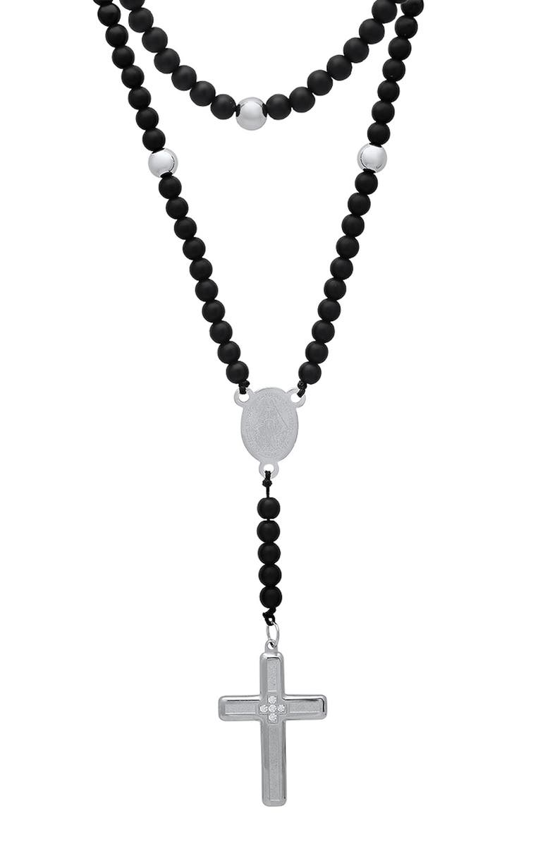 HMY JEWELRY Men's Black Lava Beaded Rosary Necklace, Alternate, color, Silver/ Black