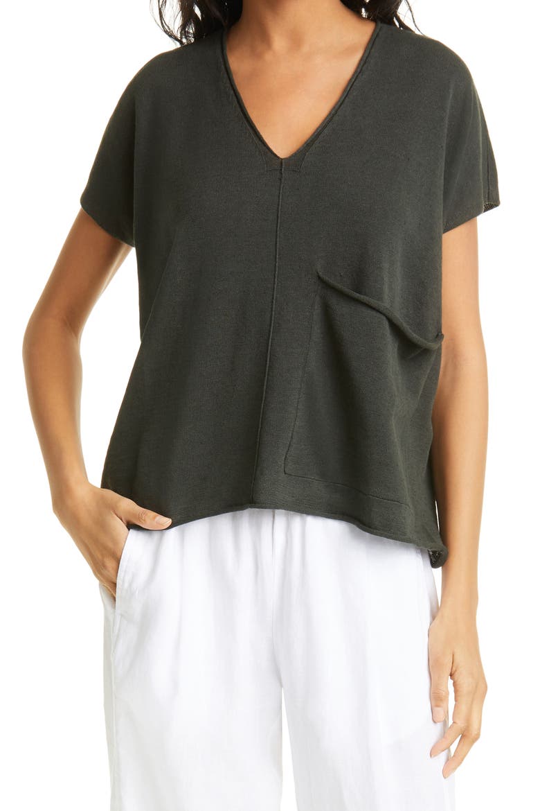 Short Sleeve Organic Linen & Cotton Boxy Sweater, Main, color, SEAWEED