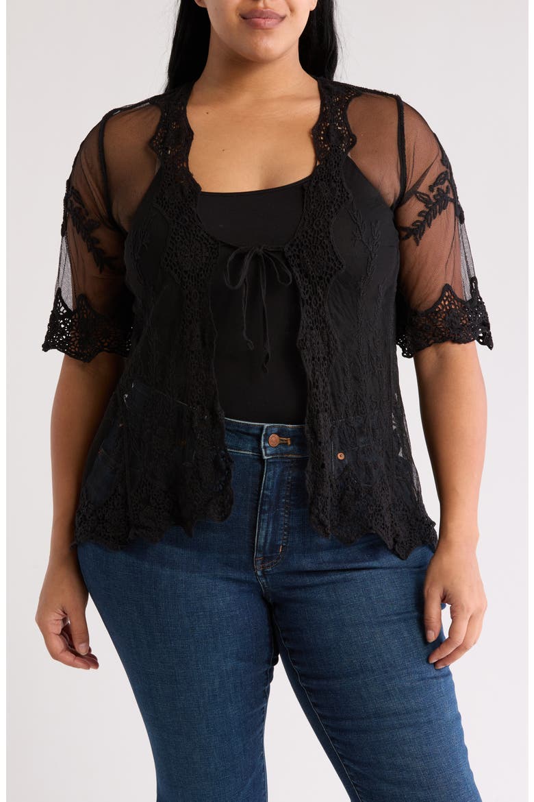 Tie Front Crochet Lace Trim Top, Main, color, BLACK