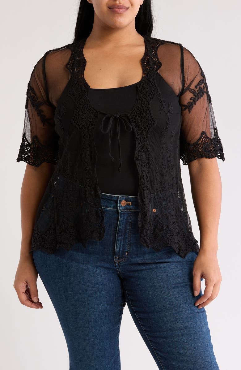 Forgotten Grace Tie Front Crochet Lace Trim Top, Main, color, Black