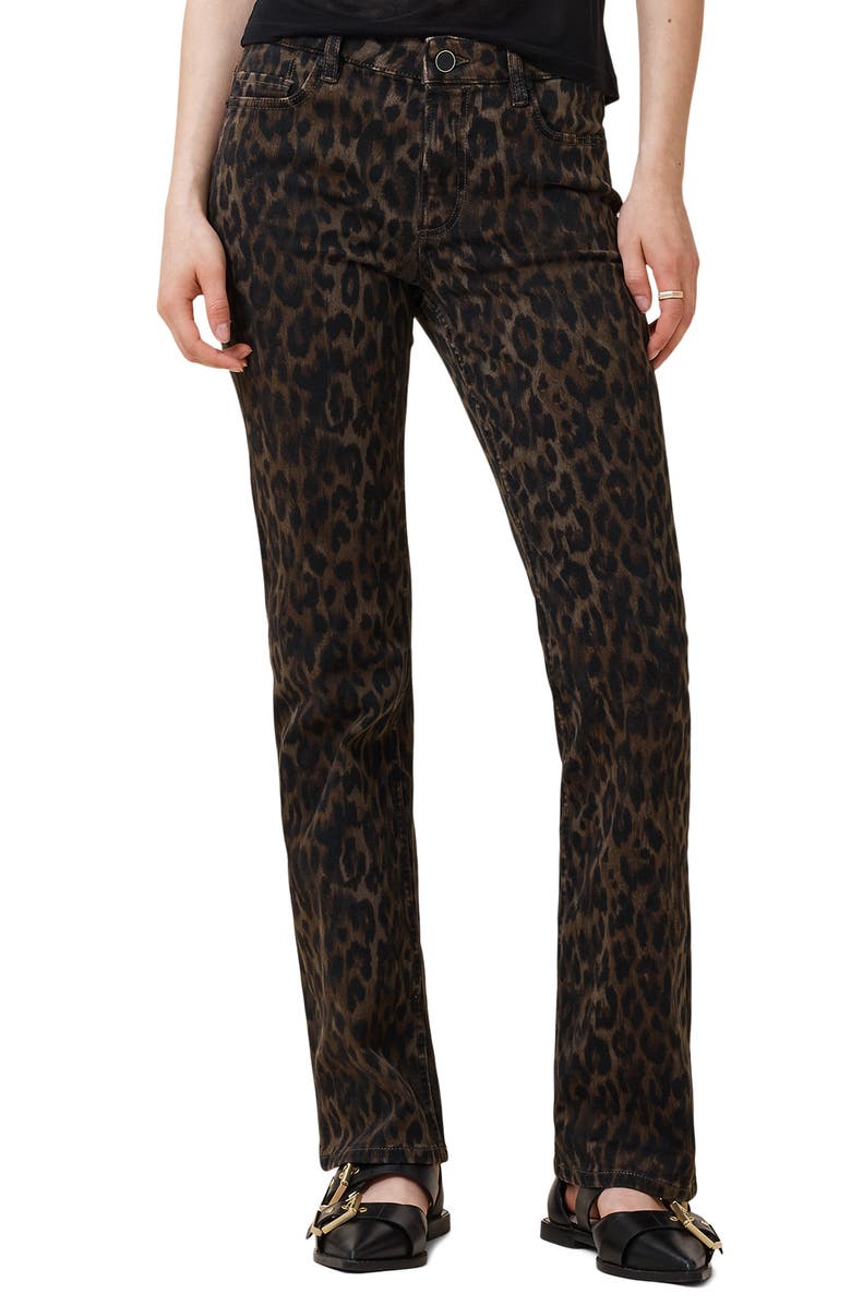 AllSaints Haldan Leopard Print Slim Bootcut Jeans, Main, color, Leppo Brown