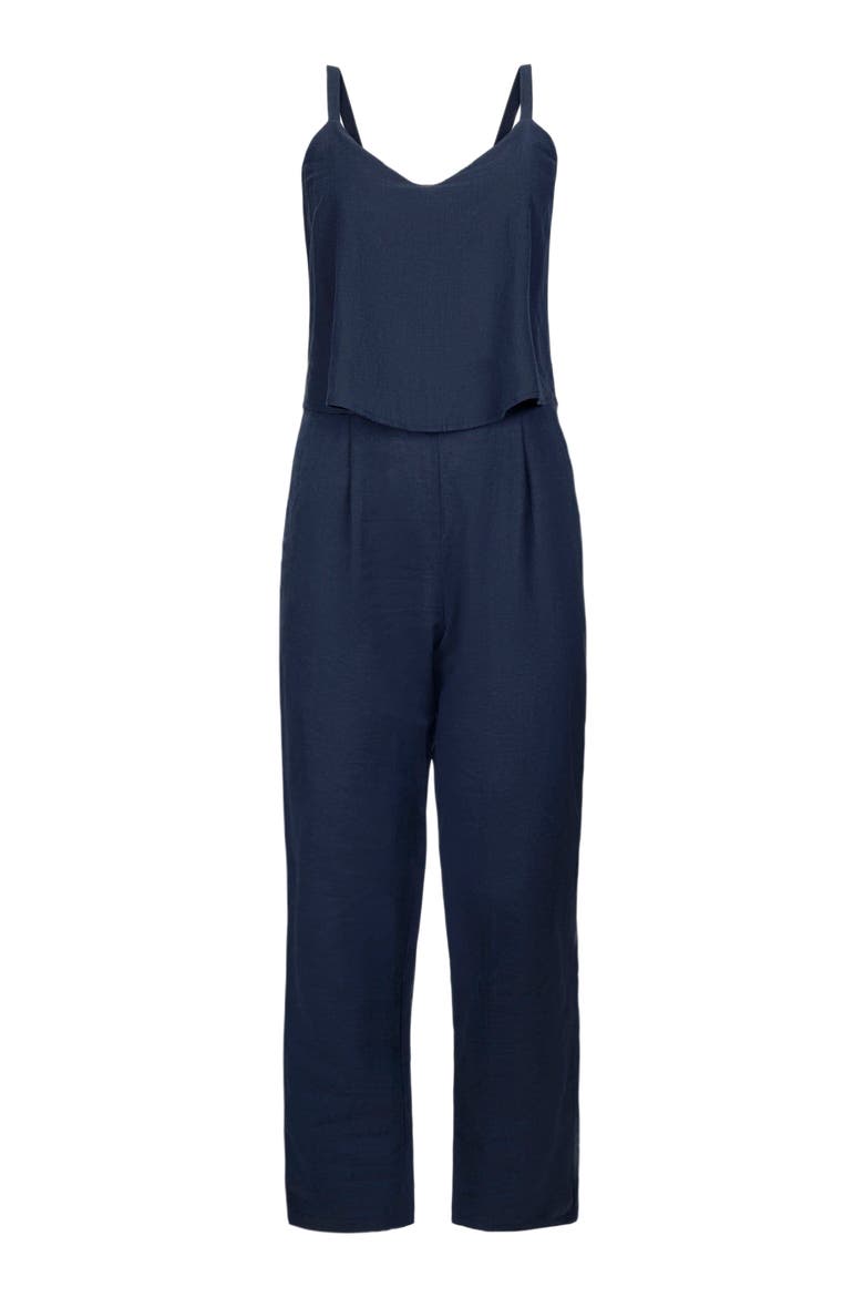 Women's Sleeveless Faux Top Jumpsuit, Alternate, color, Navy Linen